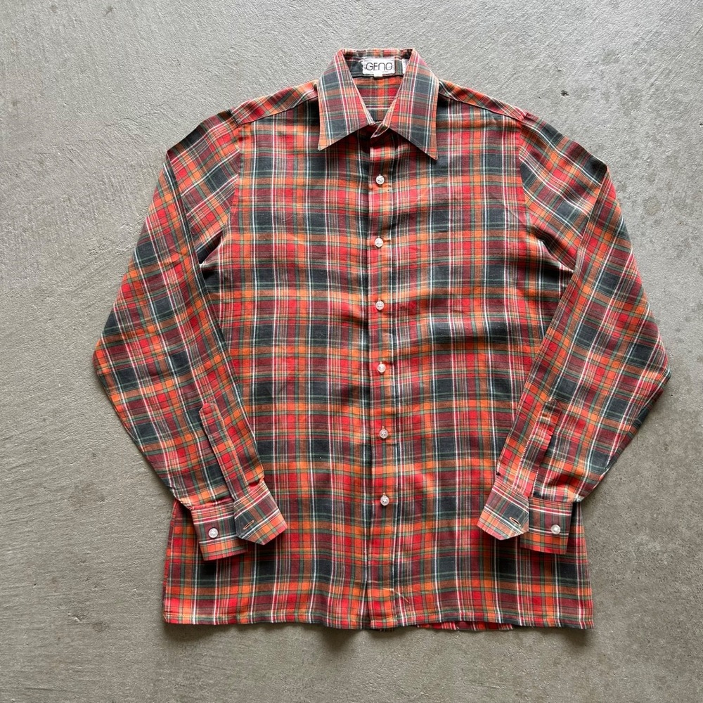 Vintage 70s Geno Plaid Shirt Size Medium Red Poplin Button Up Dagger Collar